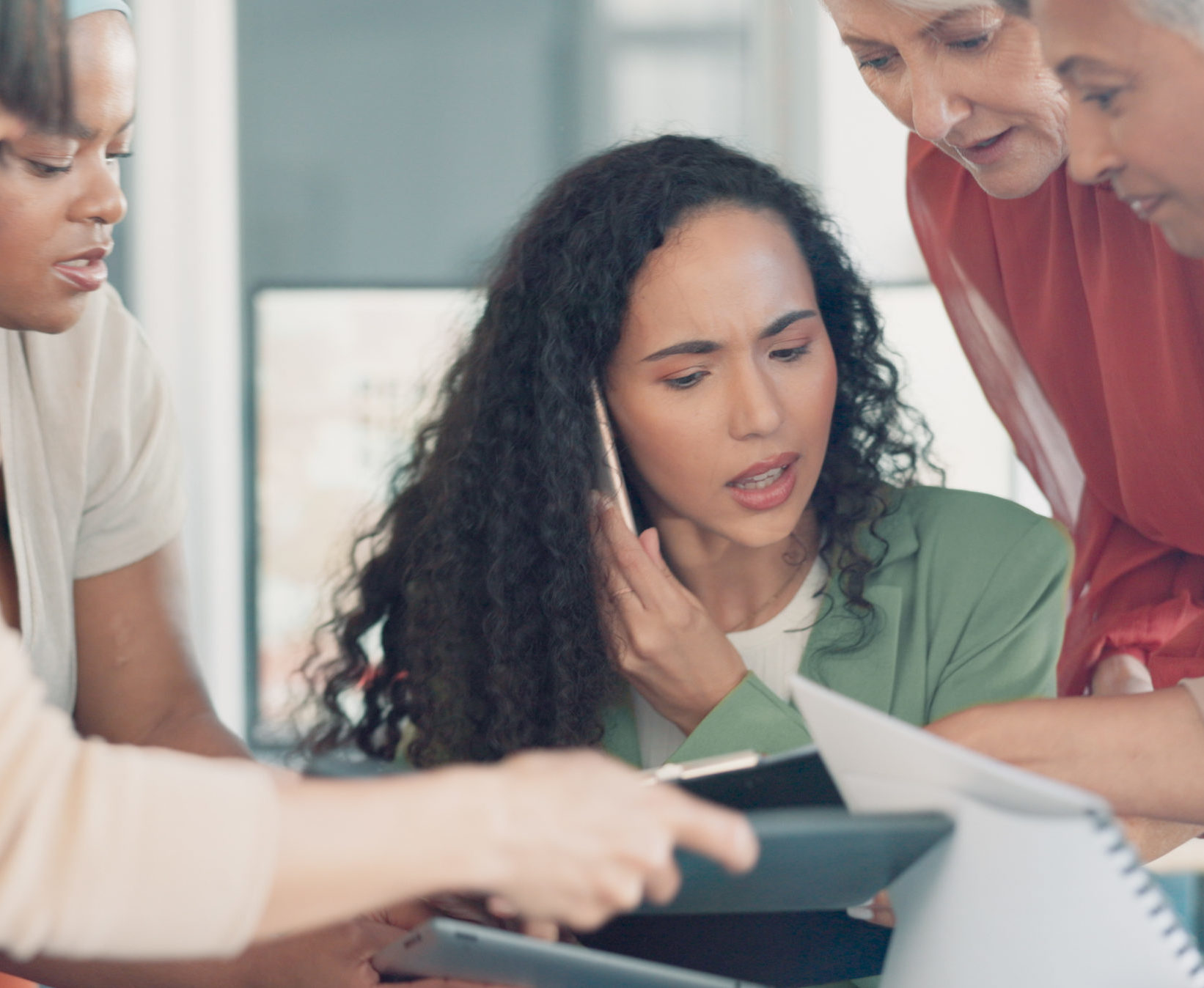 Business woman, phone call with multitasking and anxiety, burnout with documents for signature and work balance fail. Mental health, communication and chaos, crisis with anxiety and business women
